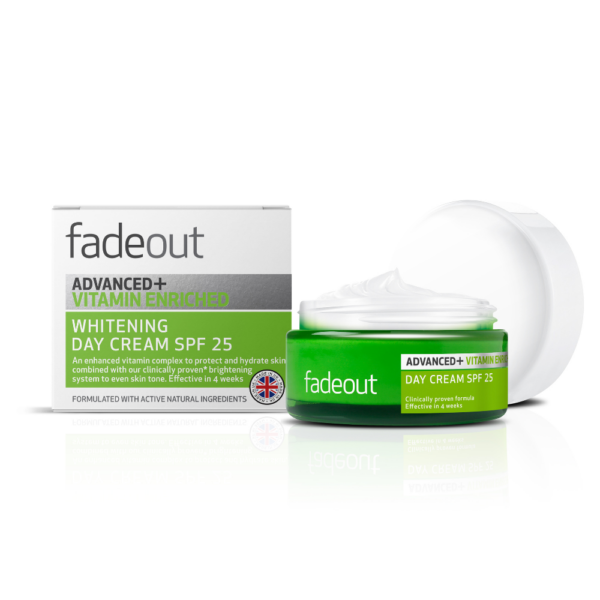 FadeOut Advanced+ Day Cream SPF25 - white box with green cream container next and lid