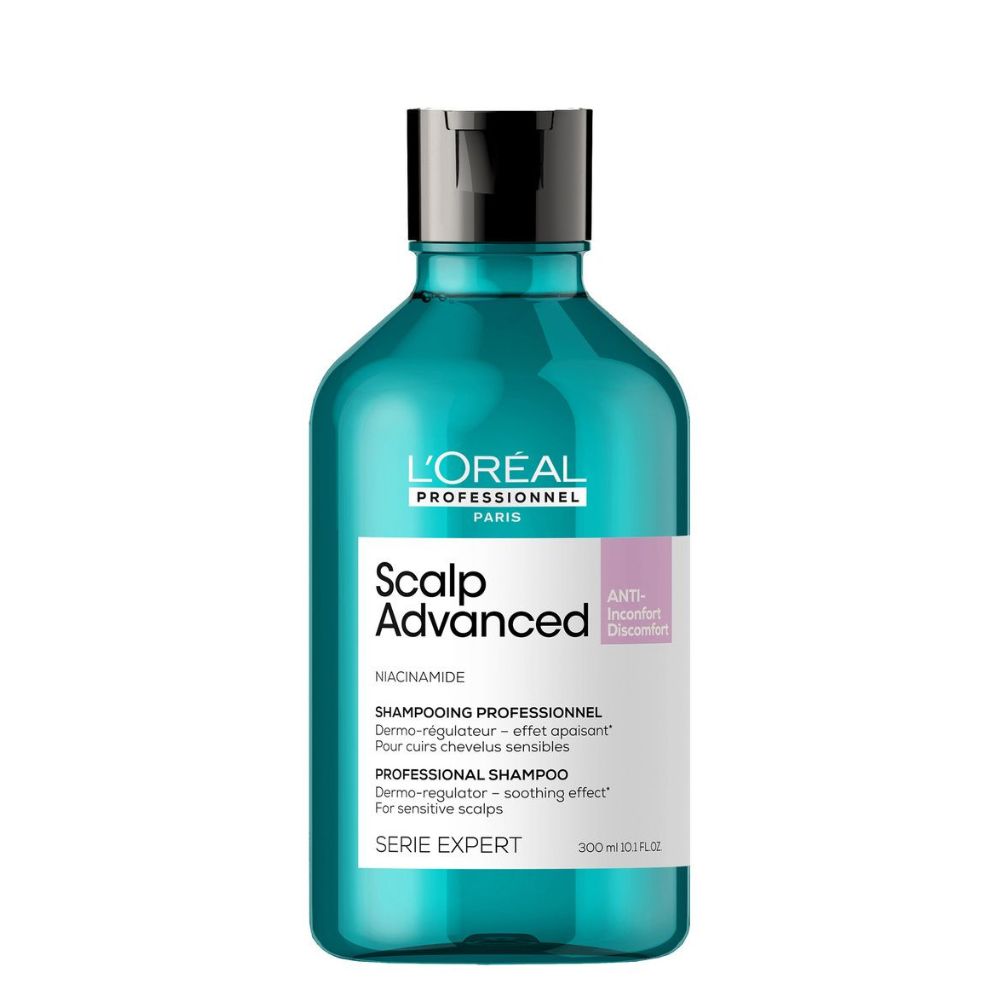 Bottle of L'Oreal Professionnel Scalp Advanced Anti-Discomfort Dermo-Regulator Shampoo with Niacinamide.