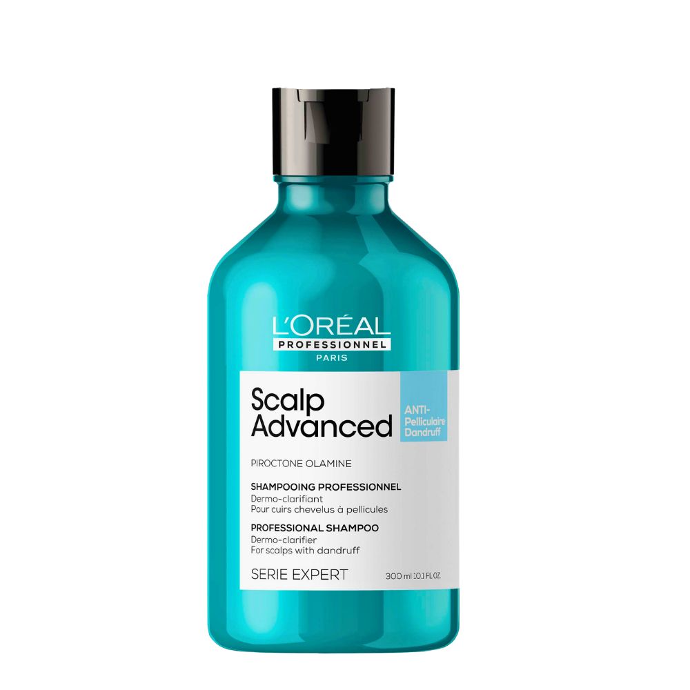 300ml bottle of L'Oréal Scalp Advanced Anti-Dandruff Dermo-Clarifier Shampoo with Piroctine Olamine and Salicylic Acid, designed to soothe and clarify the scalp.
