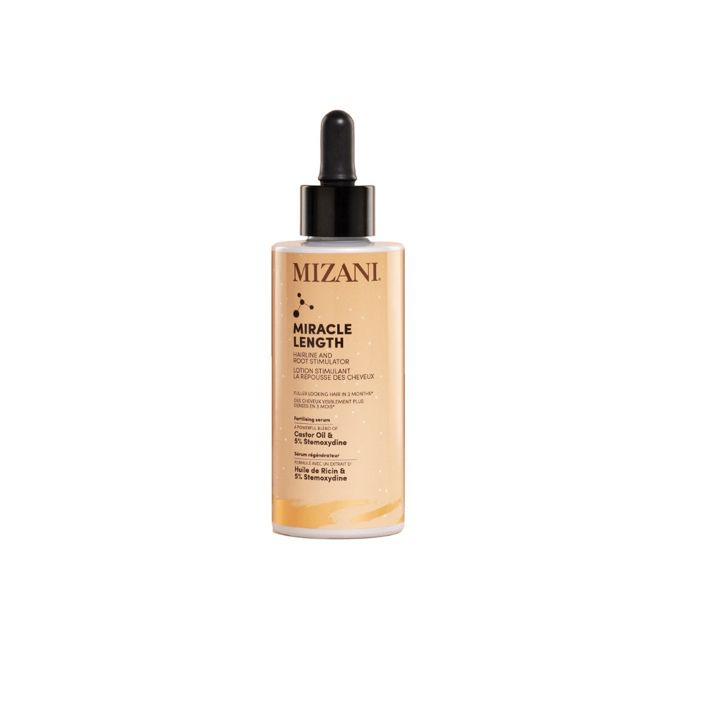 Mizani Miracle Length Root Stimulator: A bottle of the product featuring the brand logo, promoting hair growth with 5% Stemoxydine