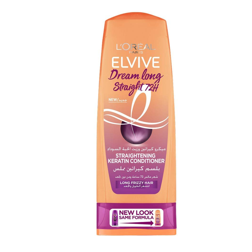 Bottle of ELVIVE Straightening Keratin Conditioner for silky, nourished hair